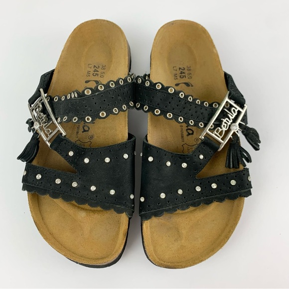 Betula Swarovski Embellished Krystle Black Leather Scallop Slip On Sandals 38 - Picture 1 of 10